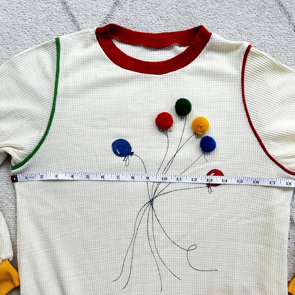 Vintage 70s Pom Pom Balloon Primary Colors Waffle Knit Long Sleeve Nightgown - Picture 3 of 5